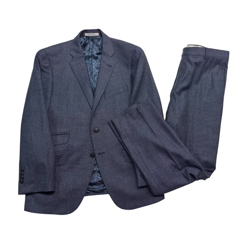 Joseph Abboud 40S 34x30 Navy Blue Birdseye 2pc Pant Suit Italian Flannel Wool